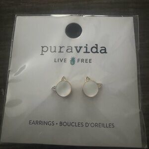 Pura Vida White Cat Ear Stud Earrings with Gold Trim